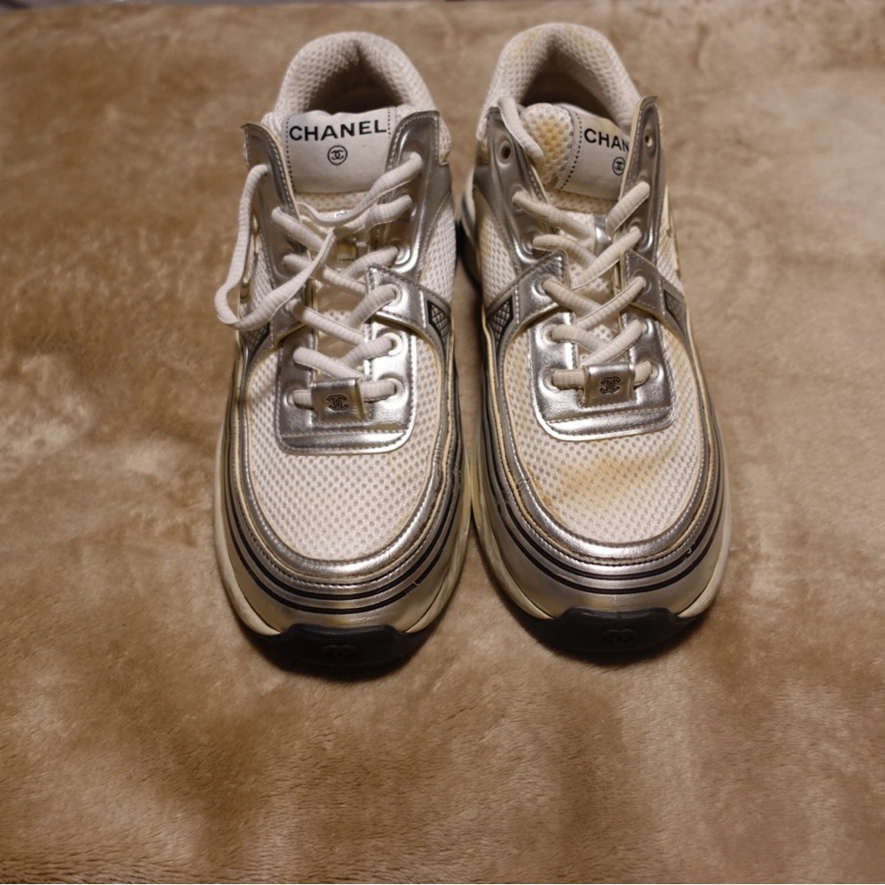 Chanel White and Silver Sneakers